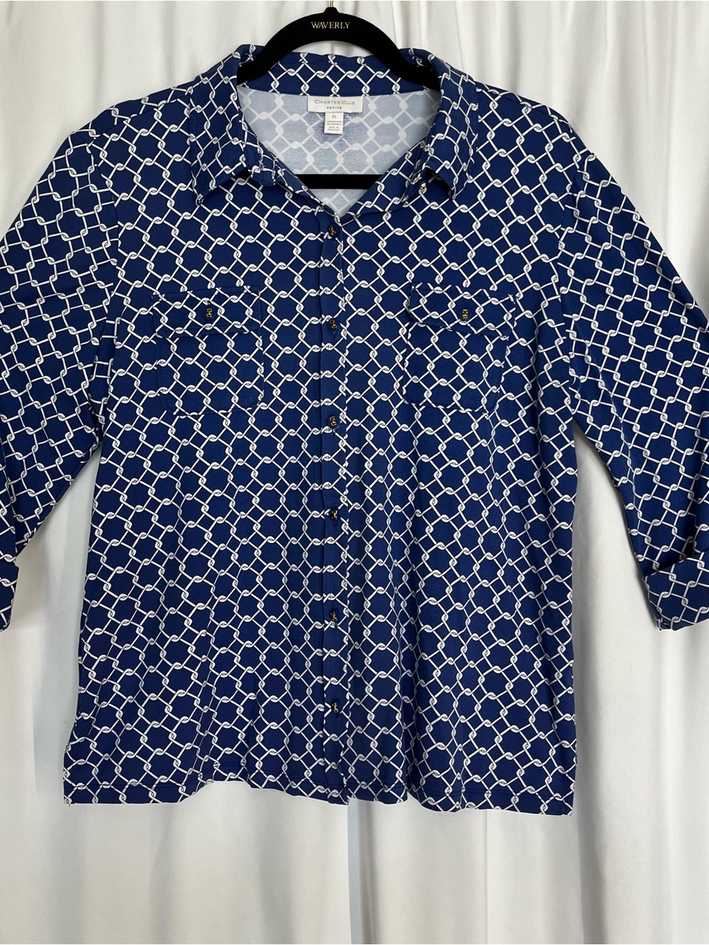 Charter Club Navy and White Chain-Link Button-Down Shirt